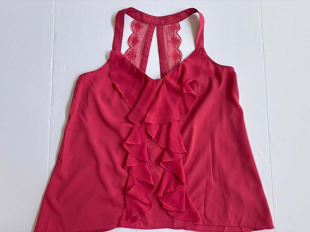 LC Lauren Conrad Pink Ruffled Chiffon Tank Top with Lace Back Detail